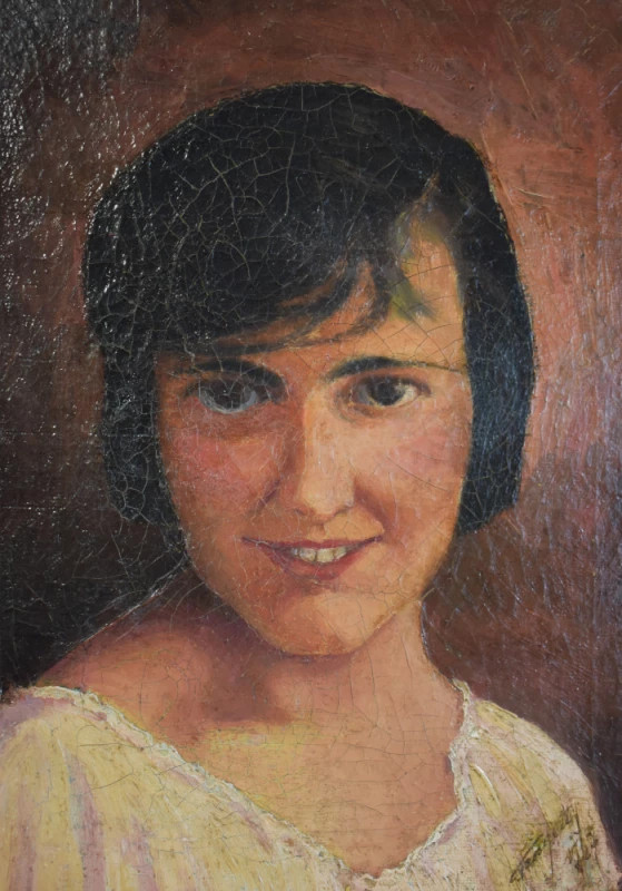 Portret de fată, pictură în ulei pe pânză, redare realistă a chipului feminin, școală europeană, început de secol XX