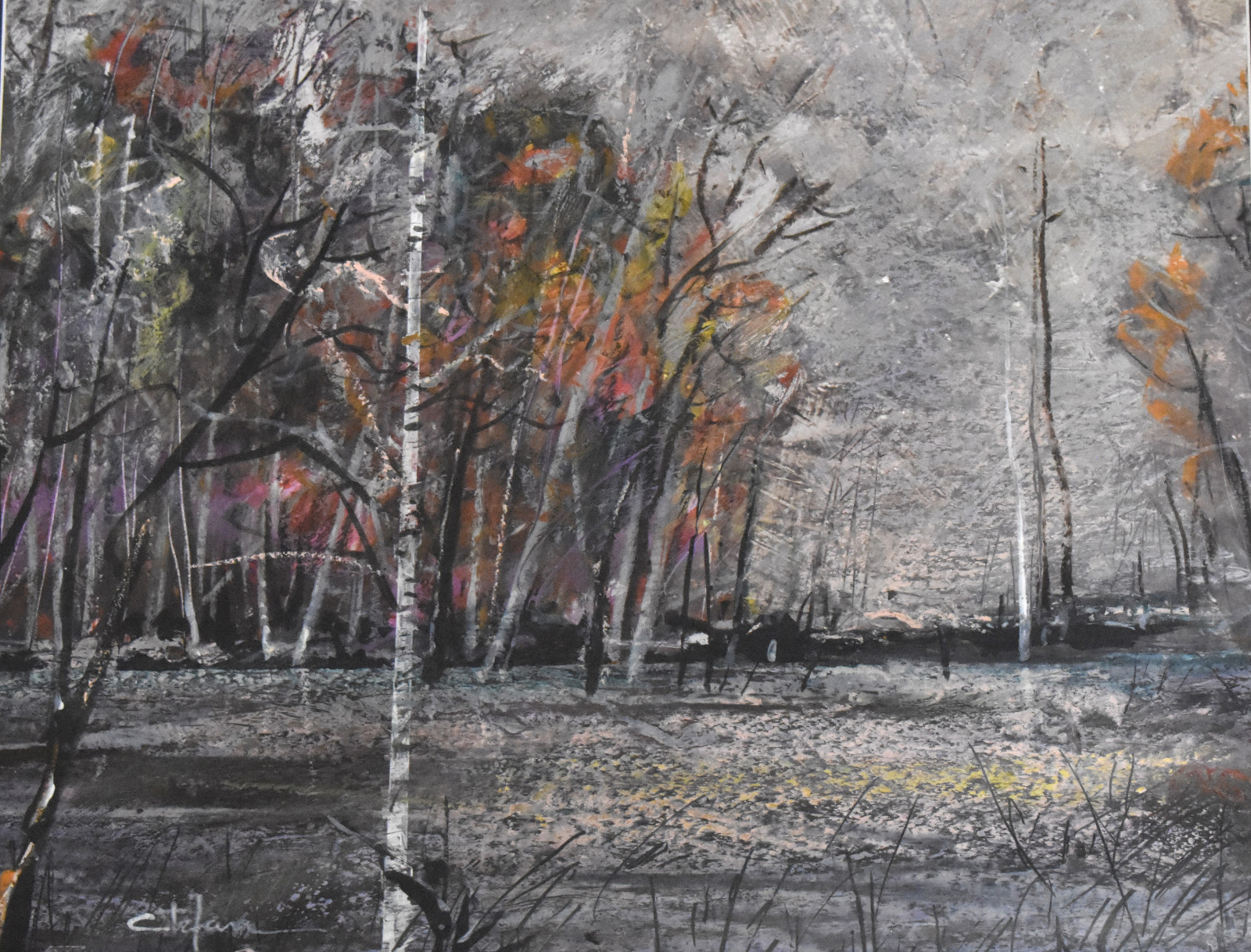 Peisaj de iarnă cu copaci, lucrare de artă contemporană, tehnică mixtă