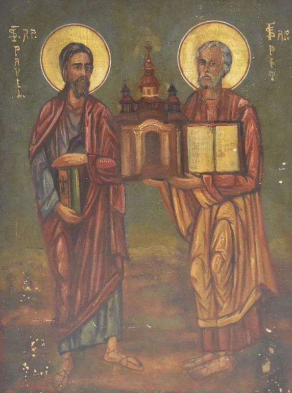 Icoană veche ortodoxă cu sfinții Petru și Pavel, pictură pe lemn, artă religioasă tradițională