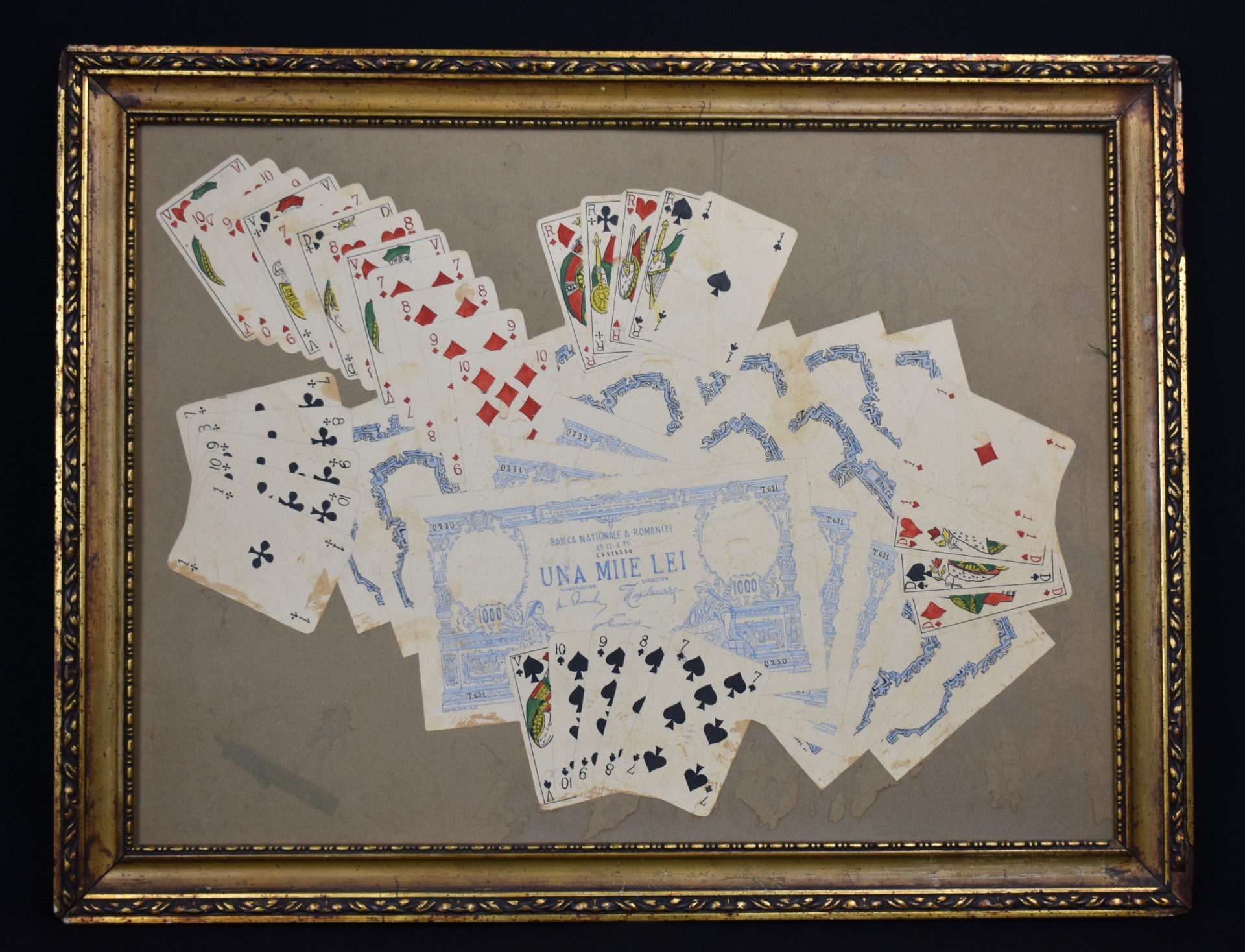 Jocul de poker – lucrare grafică interbelică, compoziție cu cărți de joc, c. 1920