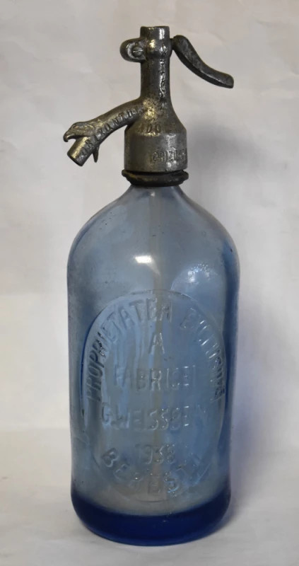 Sifon vechi interbelic din sticlă albastră Fabrica G. Weissbein Galați 1938