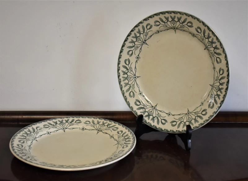 Două farfurii vechi din ceramică smălțuită, decor vegetal – E. Bourgeois Paris